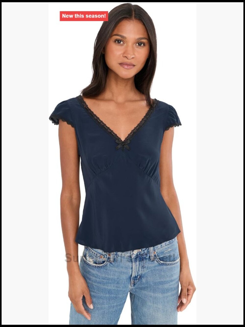 Viscose Blend V-Neck Lace Trim Tank Top Ruffle Sleeve Pull On